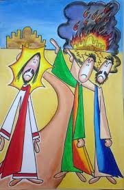 The image shows an animated drawing of the scene from today's Gospel, in which James and John ask Jesus if he would like them to call down fire from heaven to consume the Samaritans.