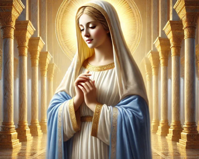 A serene, glowing image of Mary as the ultimate model of discipleship, standing with hands folded in prayer, surrounded by light, symbolizing her role as the living Ark, the New Eve, and the Temple of God.