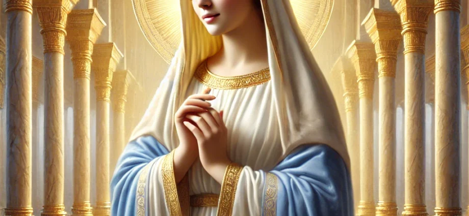 A serene, glowing image of Mary as the ultimate model of discipleship, standing with hands folded in prayer, surrounded by light, symbolizing her role as the living Ark, the New Eve, and the Temple of God.