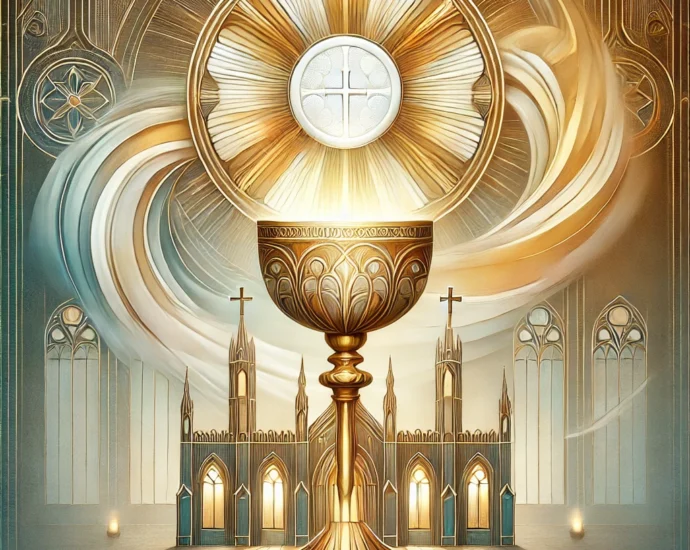 Artistic representation of the Eucharist with a glowing golden chalice and host in the foreground, surrounded by abstract light swirls. In the background, an ethereal castle with strong foundations symbolizes the 'Interior Castle,' blending themes of spiritual depth, stability, and divine presence.