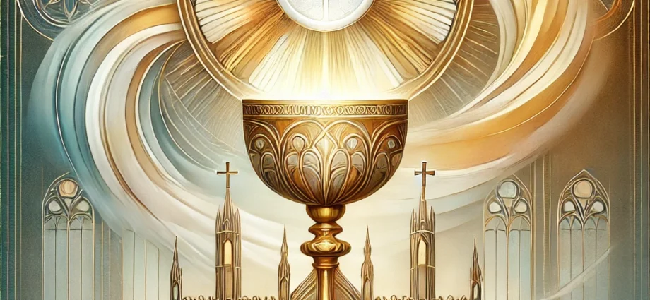 Artistic representation of the Eucharist with a glowing golden chalice and host in the foreground, surrounded by abstract light swirls. In the background, an ethereal castle with strong foundations symbolizes the 'Interior Castle,' blending themes of spiritual depth, stability, and divine presence.